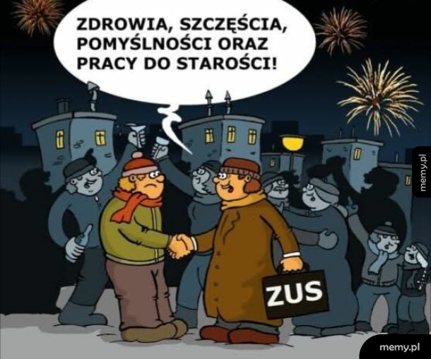 Rysunek satyryczny przedstawiający życzenia noworoczne z motywem ZUS-u