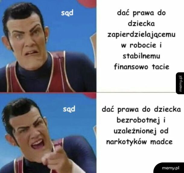 Mem z postacią Robbiego Rottena z serialu Leniuchowo przedstawiający absurdalne decyzje sądu.