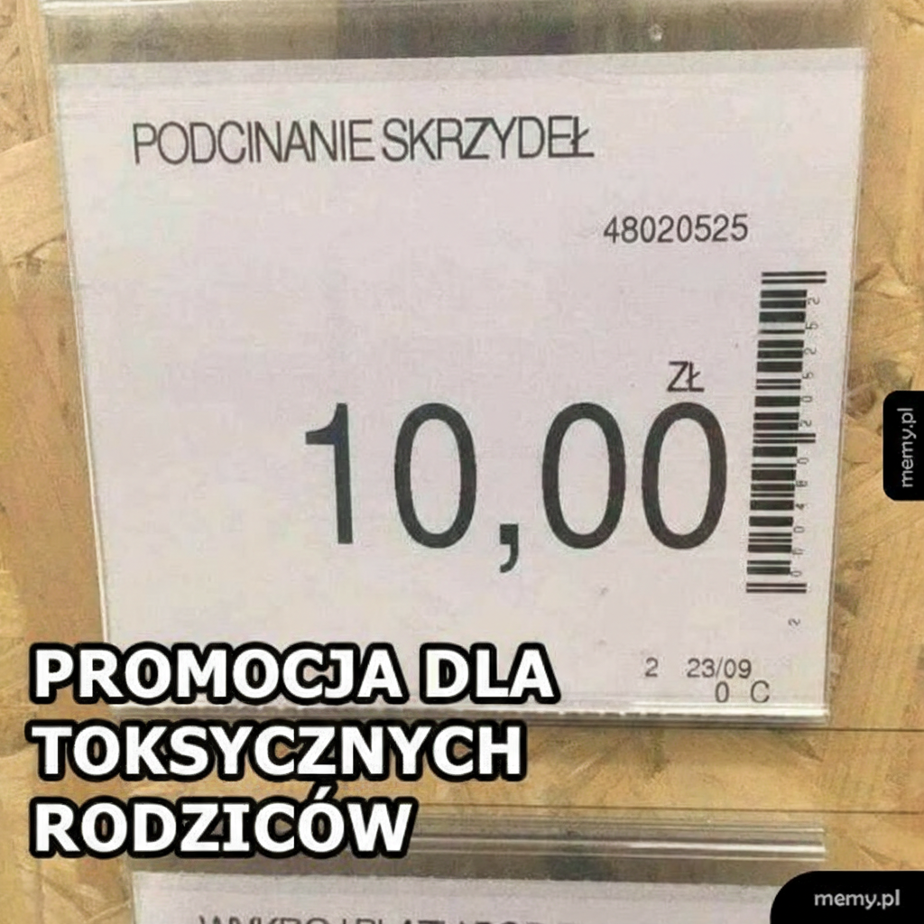 Cenówka sklepowa z napisem Podcinanie skrzydeł za 10 zł i podpisem o toksycznych rodzicach.