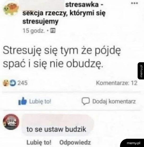 Zrzut ekranu z Facebooka z postem o stresie i absurdalnym komentarzem.
