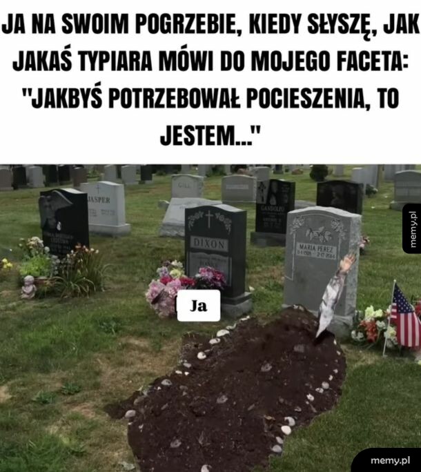 Ręka wystająca z grobu na cmentarzu z podpisem Ja.