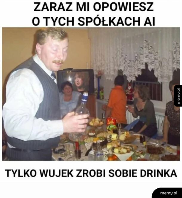 Mężczyzna z wąsem trzyma butelkę wódki podczas domowej imprezy, tekst o spółkach AI.