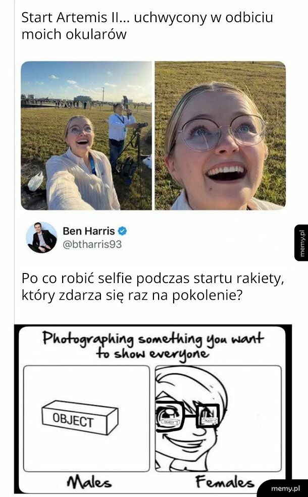Memy porównujące selfie dziewczyny oglądającej rakietę z komiksem o fotografowaniu obiektów.