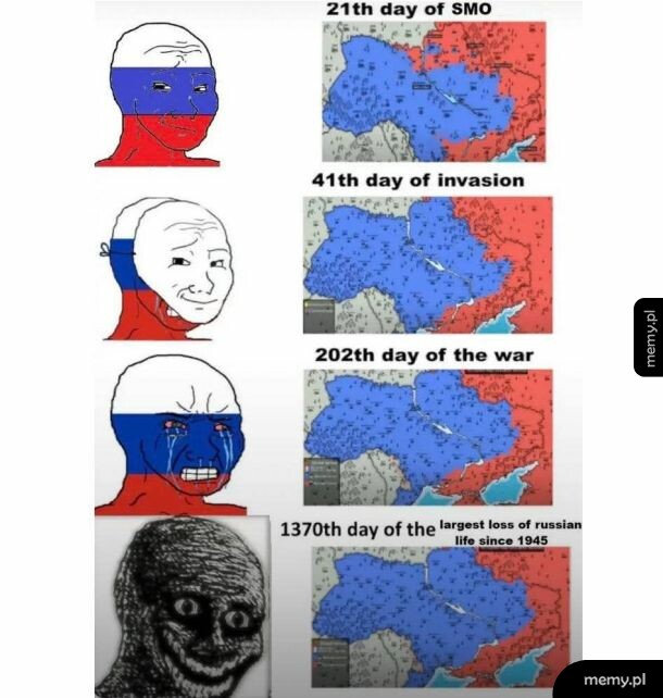 Mecz wojenny na mapie Ukrainy i zmieniające się emocje postaciej Wojaka z flagą Rosji.