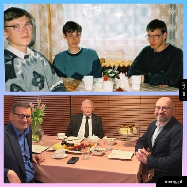Porównanie dwóch zdjęć młodych mężczyzn i polityków przy stole.