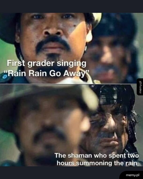 Mem z filmu Rambo pokazujący kontrast między dzieckiem a szamanem.
