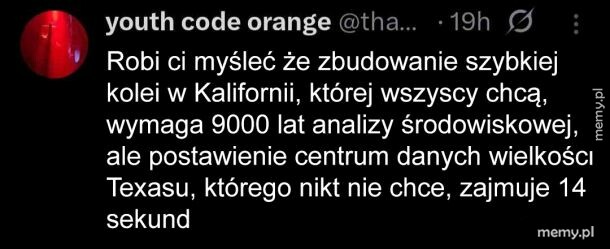 Zrzut ekranu tweeta użytkownika youth code orange o biurokracji i centrach danych.