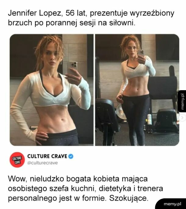 Jennifer Lopez prezentuje wyrzeźbiony brzuch na siłowni w memie satyrycznym.