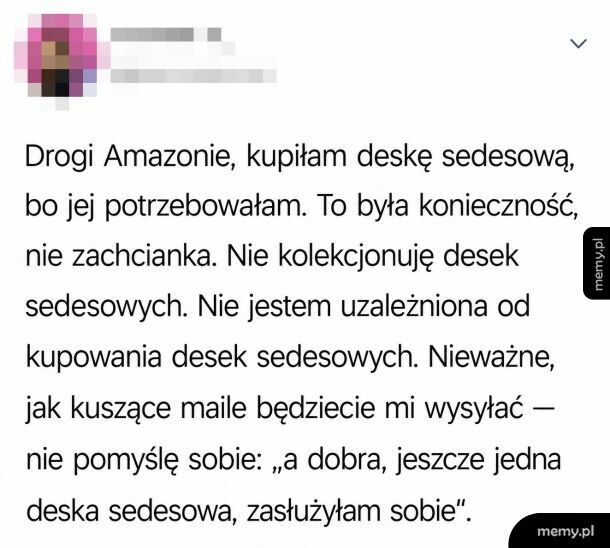 Zrzut ekranu posta z Twittera o zakupie deski sedesowej w Amazonie.