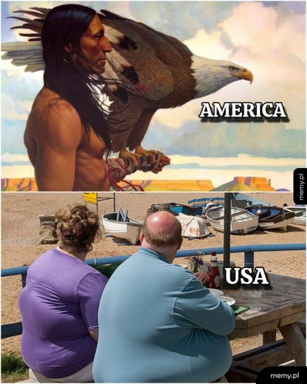 Mecz, w którym Indianin z orłem jest podpisany AMERICA, a otyła para USA.