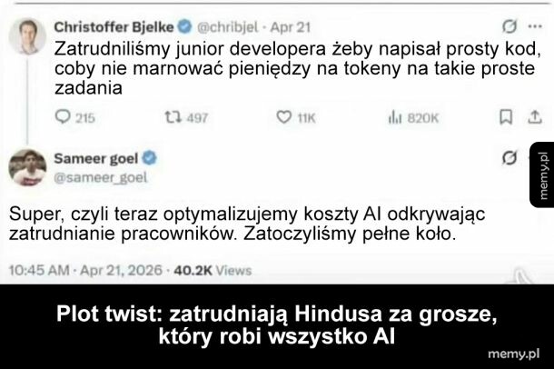 Zrzut ekranu z Twittera z rozmową na temat zatrudniania junior developera zamiast sztucznej inteligencji.