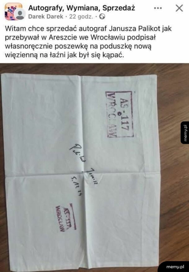 Zdjęcie poszewki więziennej z podpisem i pieczątką aresztu.